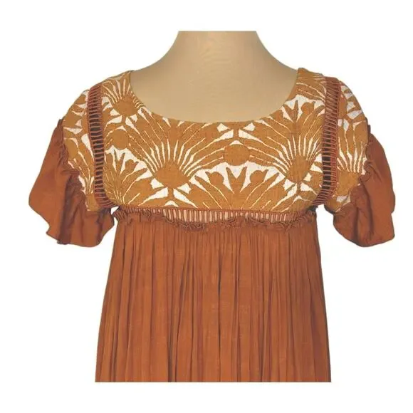 FREE PEOPLE Vintage Charm Relaxed Fit Flowy Embroidered Ruffled Midi Dress Sz XS - Picture 5 of 15